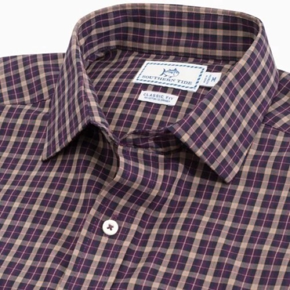 Southern Tide Shelter Deck Plaid Long Sleeve Sportshirt Royal Purple Size Medium